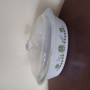Vintage Glasbake 1 Qt. Oval J235 Green Daisy Milk Glass Casserole Dish W…‎